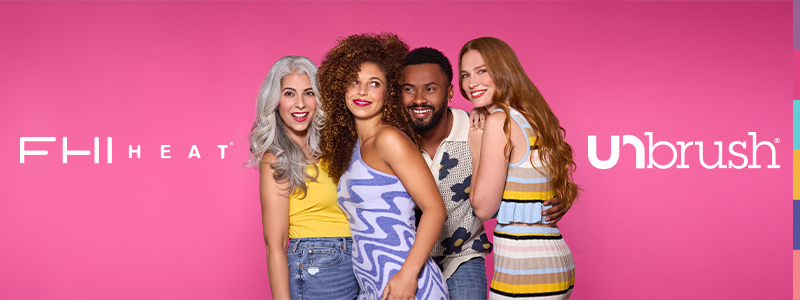 Four people with different hair textures smiling together on a bright pink background; FHI Heat and unbrush logos.