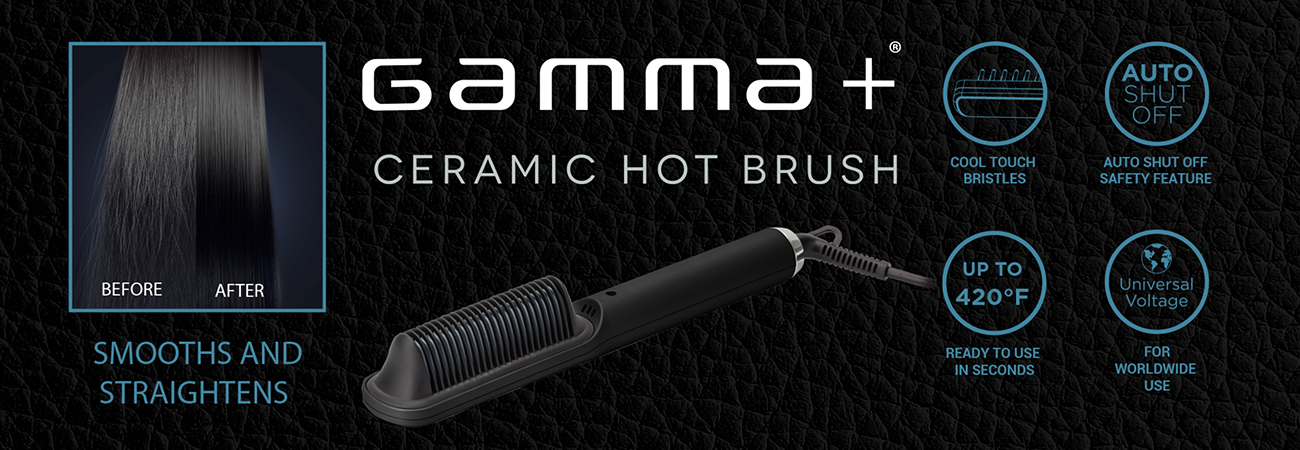Gamma+ ceramic hot brush. Smooths and straightens. Cool touch bristles, auto shut off battery feature, up to 420 degrees farenheit, ready to use in seconds, universal voltage for worldwide use.