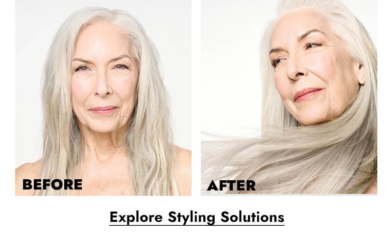 Before and After - Explore Styling Solutions. Person with long white gray hair. Before: hair is limp and slightly wavy. After: hair is volumious and sleek like a blow-out.