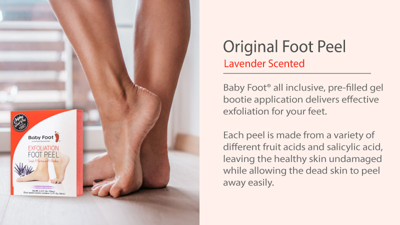 Original foot peel: lavender scented. Baby foot (registered trademark) all includisve, pre-filled gel bootie application delivers effective exfoliation for your feet. Each peel is made from a variety of different fruit acids and salicylic acid, leaving the healthy skin undamaged while allowing the dead skin to peel away easily.
